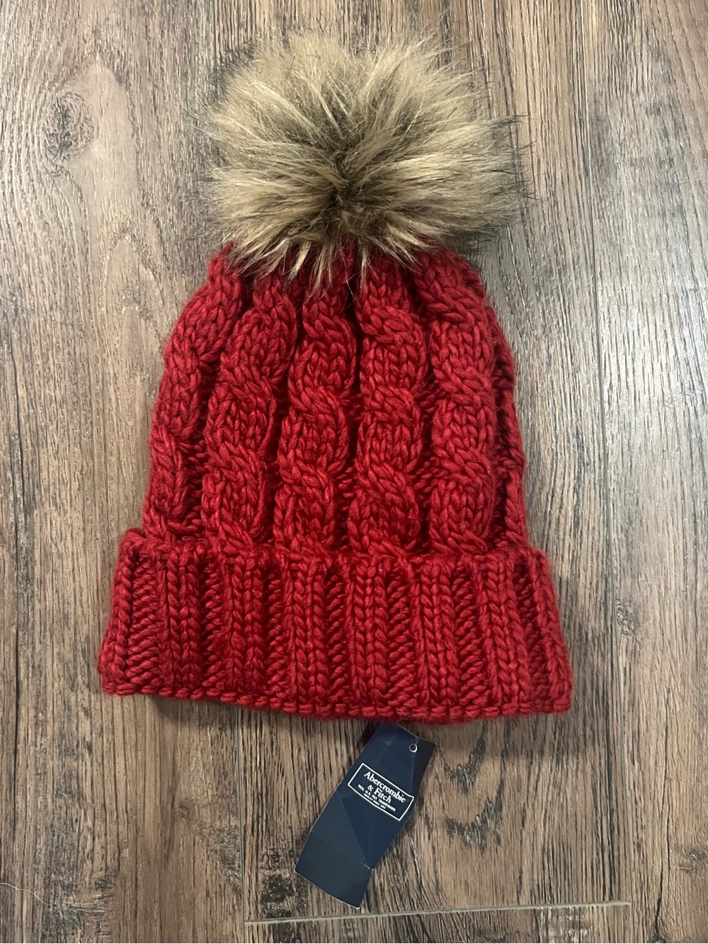 Abercrombie & Fitch Red Cable-Knit Beanie with Faux-Fur Pom
